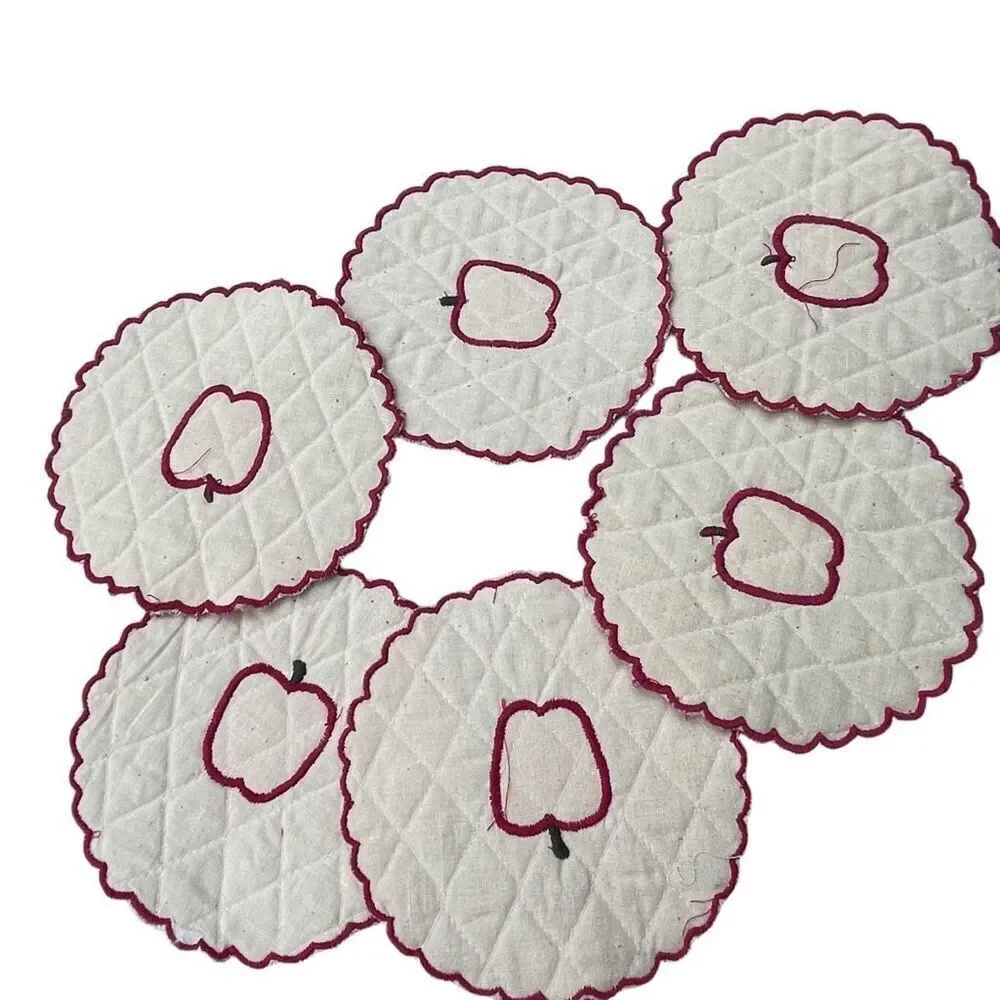 Handmade lot of 6 coasted hot pads, quilted gingham apples.